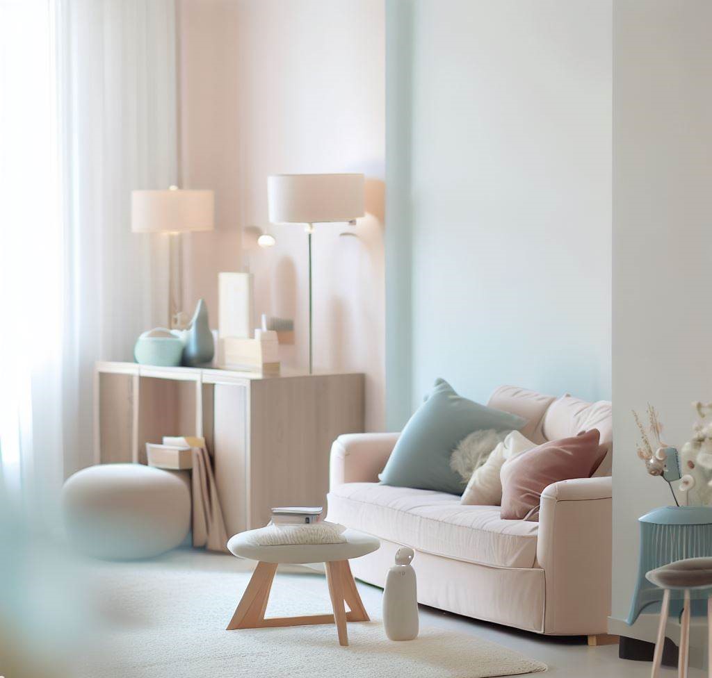 una pequeña sala de estar con paredes y muebles de colores claros