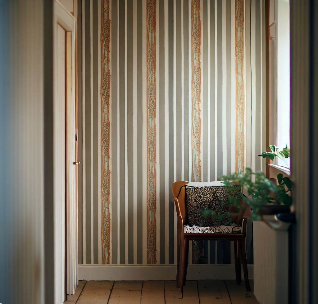 un papel tapiz con patrones verticales en un pequeño pasillo