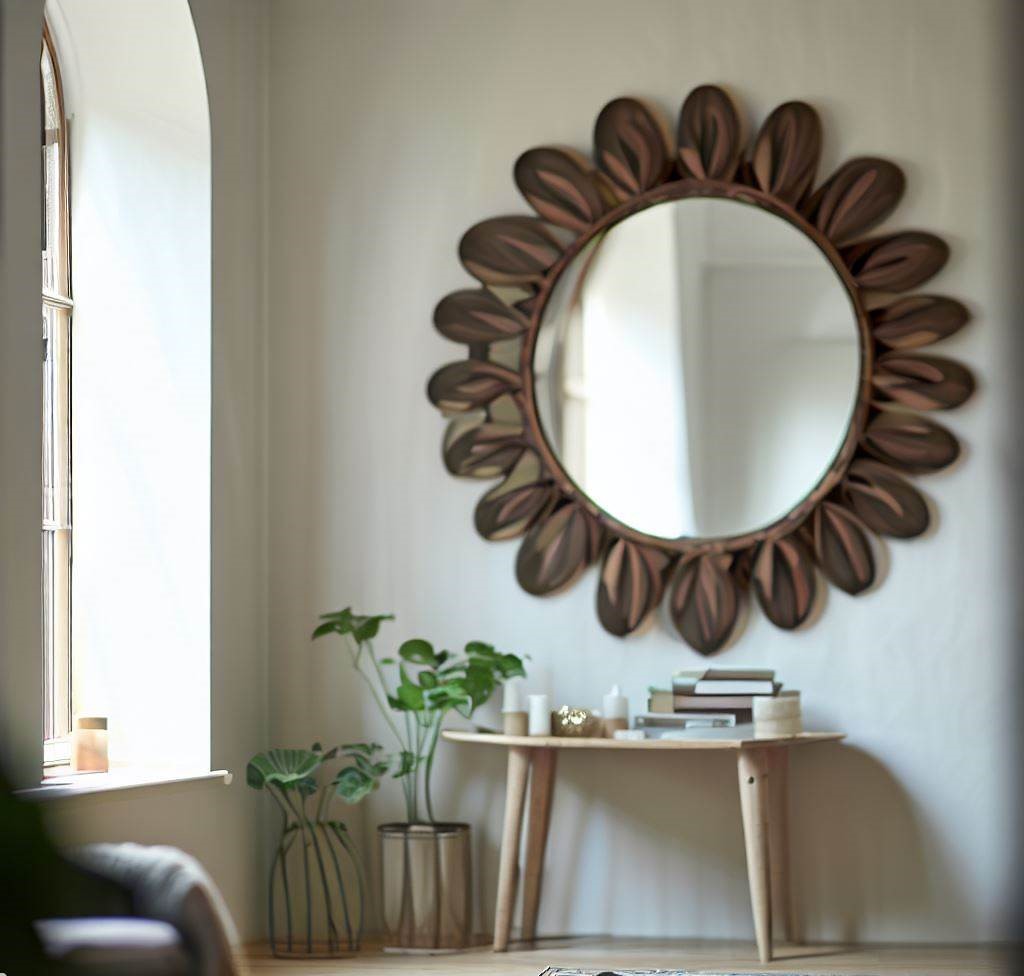 Un espejo decorativo bien colocado en una pequeña pared de una habitación