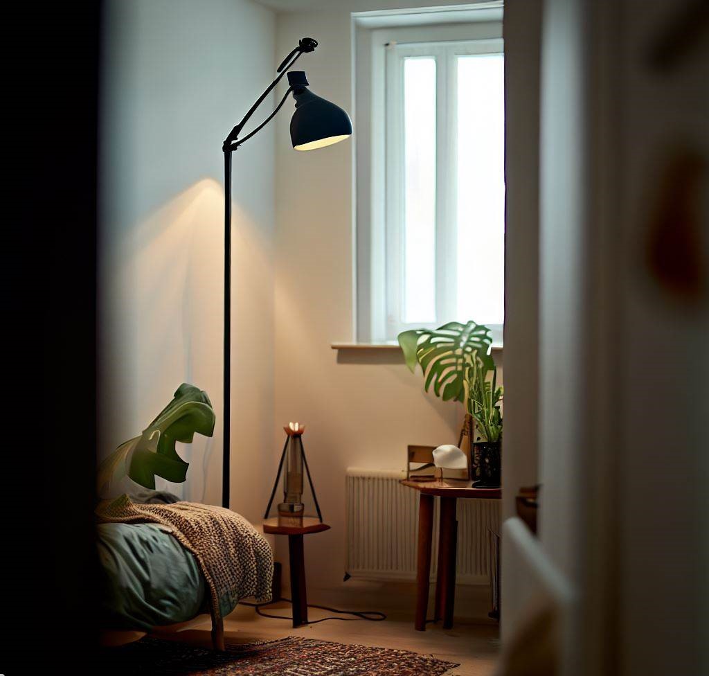 una lámpara de pie en un rincón de un dormitorio pequeño