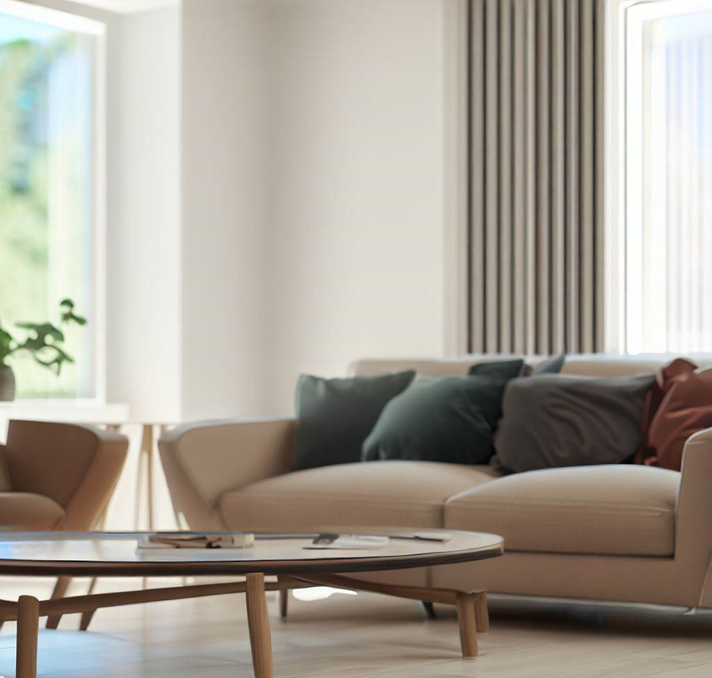 una sala de estar con muebles de bajo perfil, como un sofá elegante y una mesa de centro minimalista