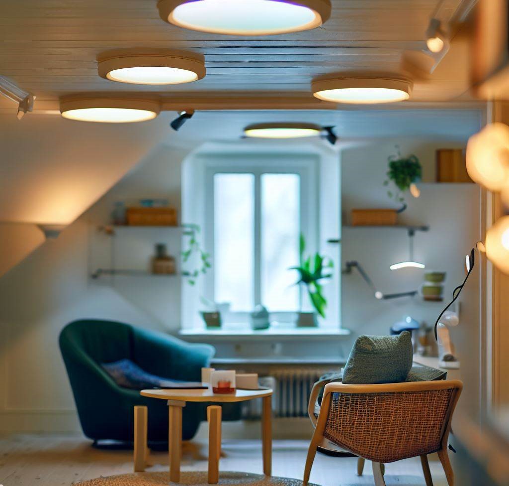 una pequeña sala de estar con luces empotradas en el techo