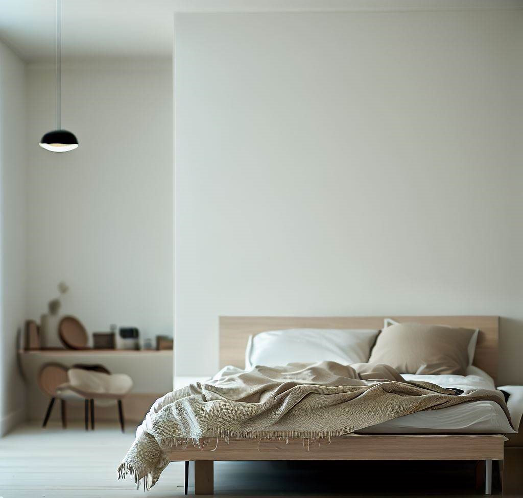 un dormitorio con un diseño minimalista, que presenta solo muebles y decoración esenciales