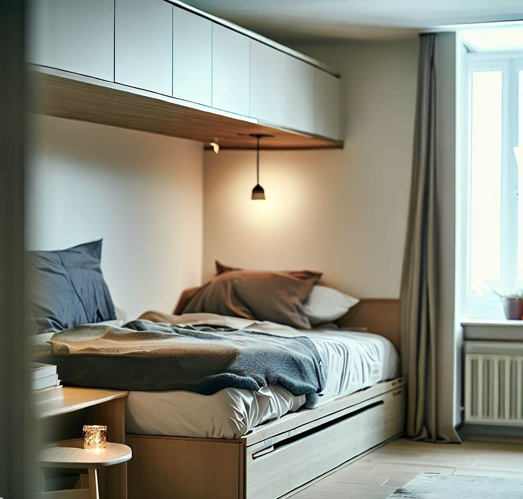un dormitorio pequeño con una cama que tiene almacenamiento incorporado debajo