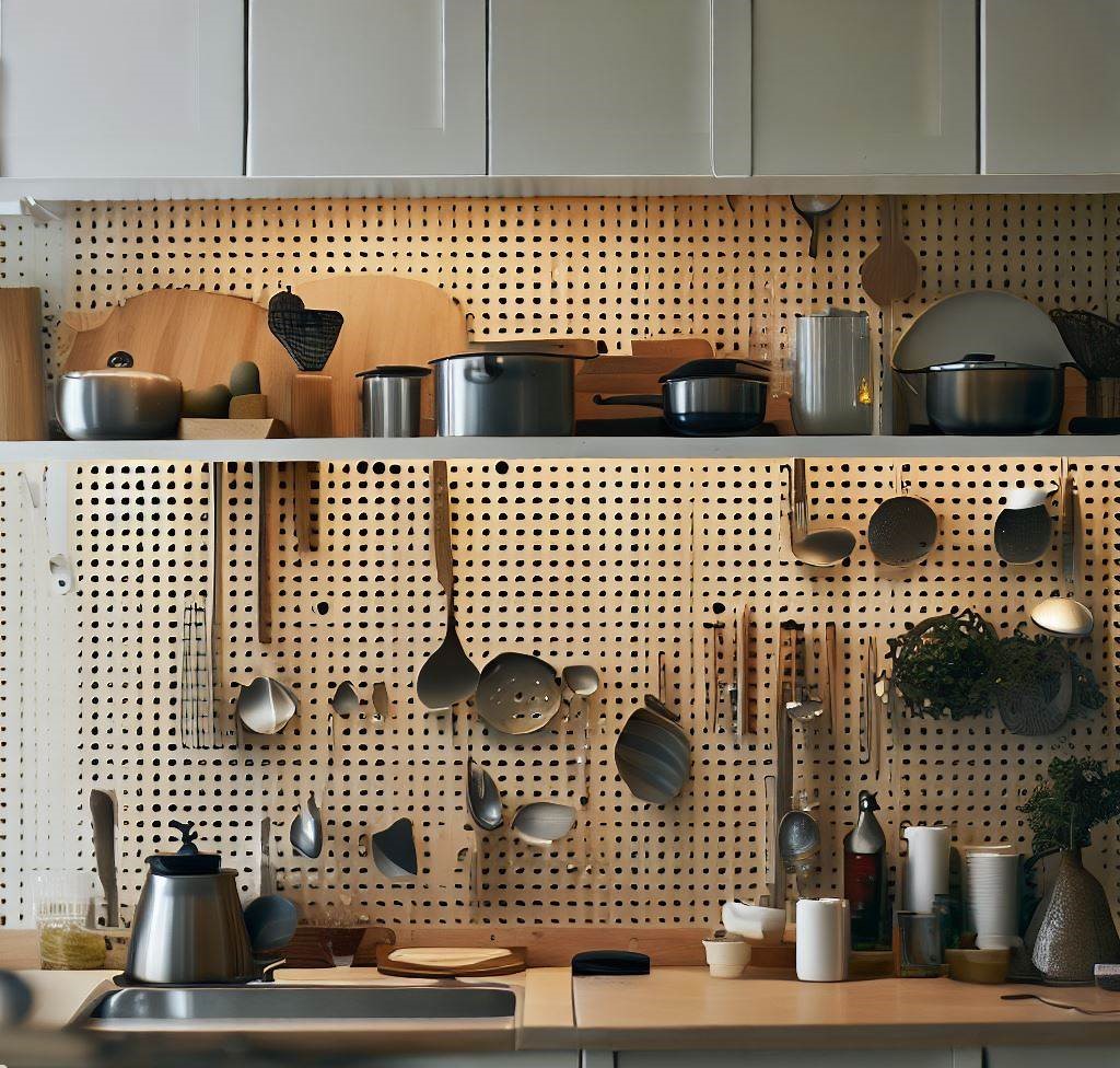 una cocina con un panel perforado en la pared, con utensilios de cocina
