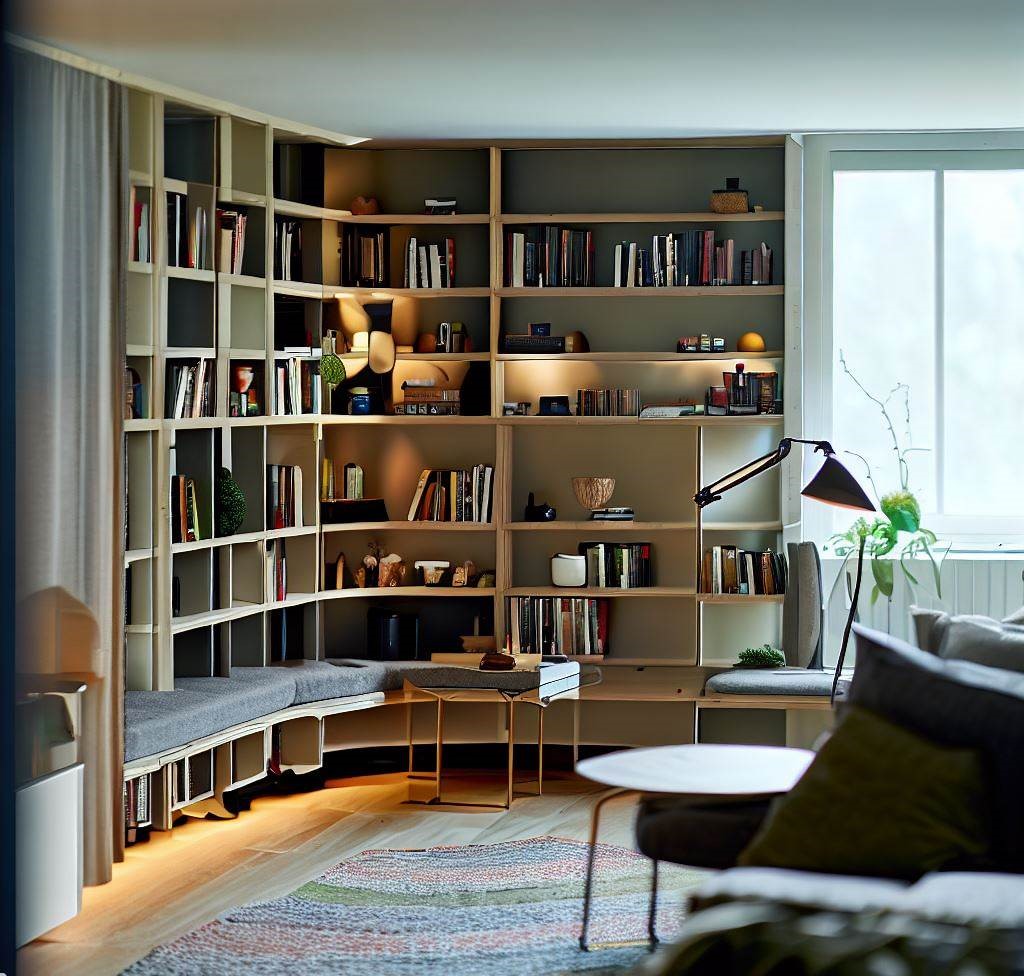 un sistema de estanterías modulares flexibles en una pequeña sala de estar