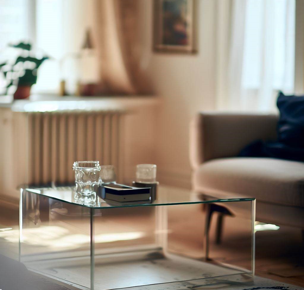una mesa de centro de acrílico transparente en una pequeña sala de estar