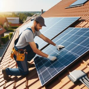 Worker installs solar panels on the roof of a house